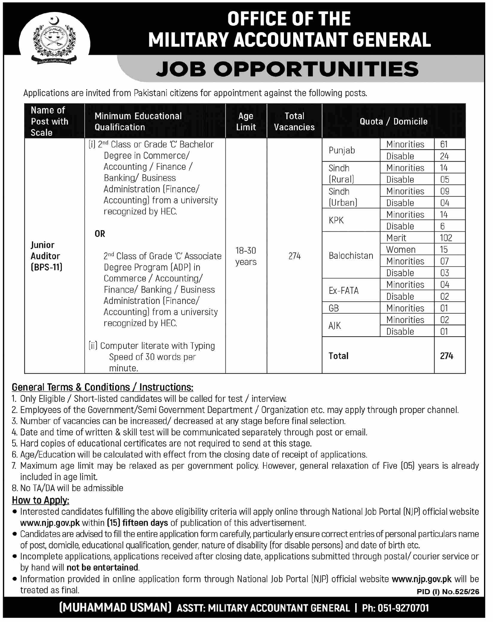 Junior Auditor Jobs 2026: Office of the Military Accountant General Pakistan Apply Online advertisement