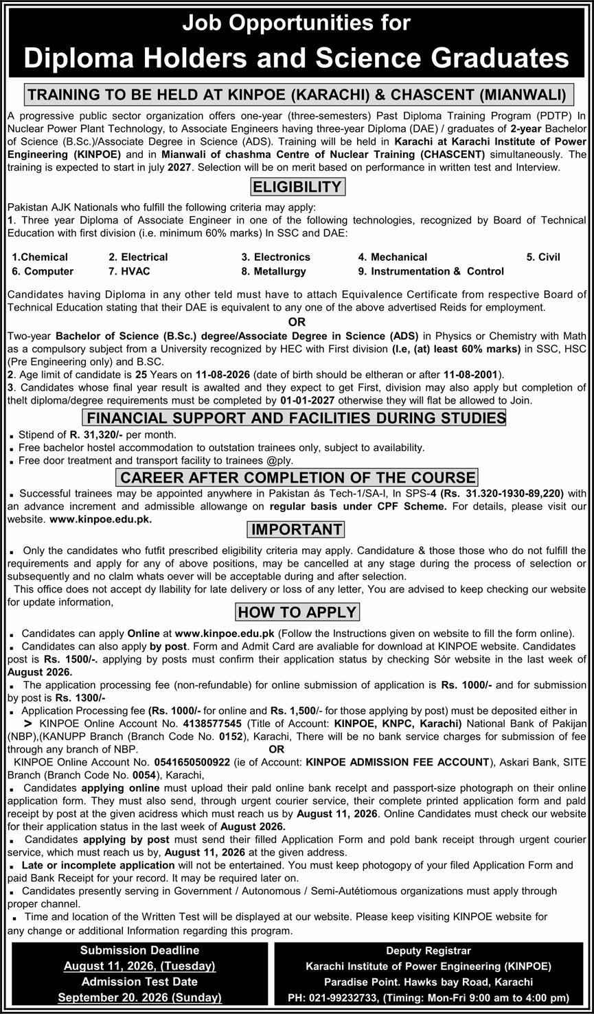 KINPOE & CHASCENT Post Diploma Training Program (PDTP) 2026: Opportunities for Diploma Holders and Science Graduates Jobs IN PAEC Online Apply Latest advertisement
