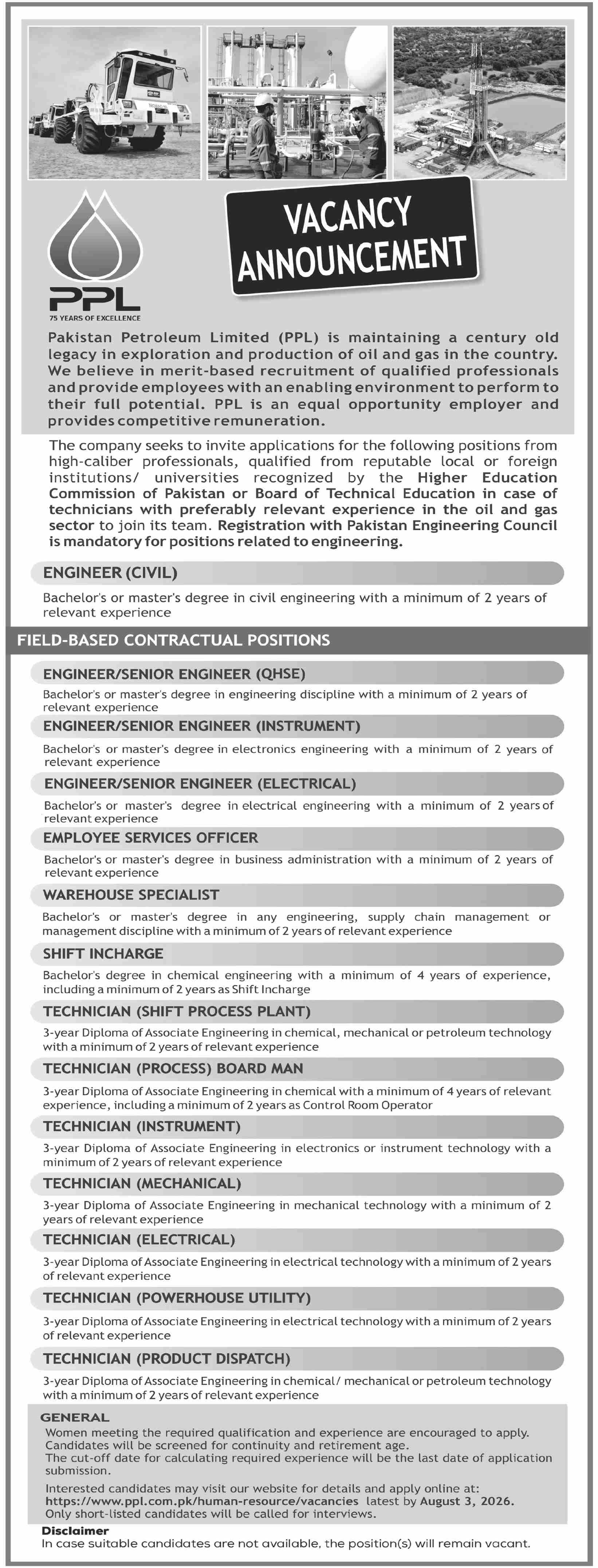 Pakistan Petroleum Limited (PPL) Jobs 2026: Apply Online for Engineers, Officers & Technicians advertisement