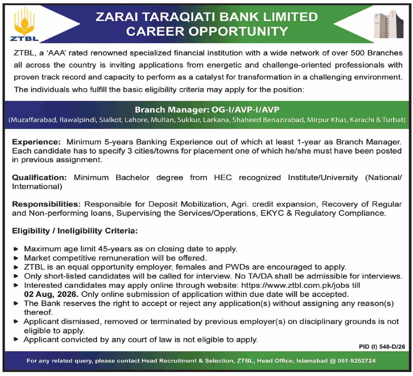 ZTBL Jobs 2026: Apply Online for Branch Managers (OG-I / AVP-I / AVP) across Pakistan advertisement