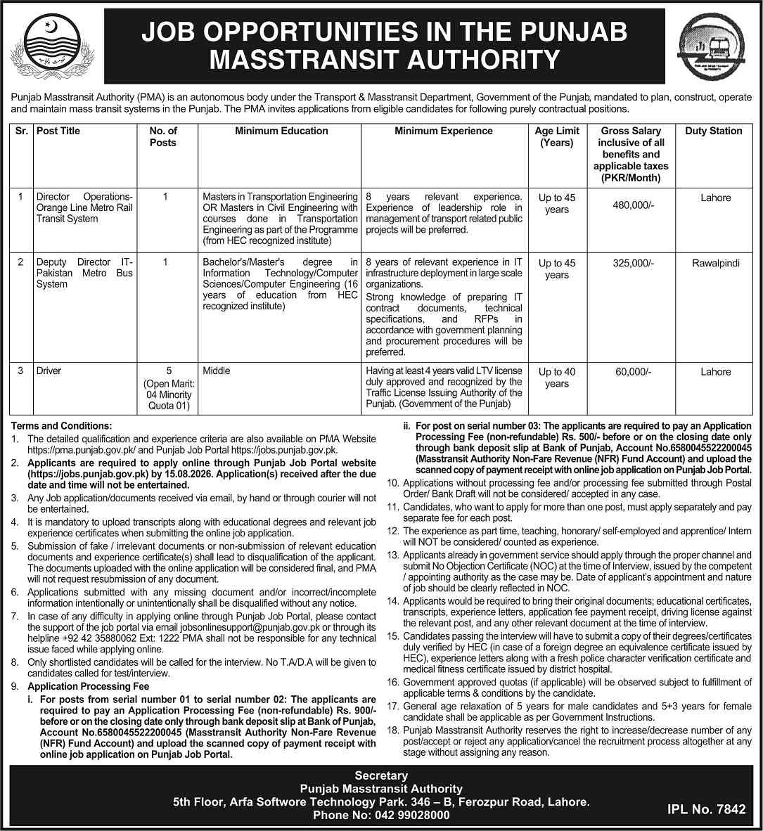 Punjab Masstransit Authority (PMA) Jobs 2026: Apply Online for Management, IT & Operational Posts advertisement