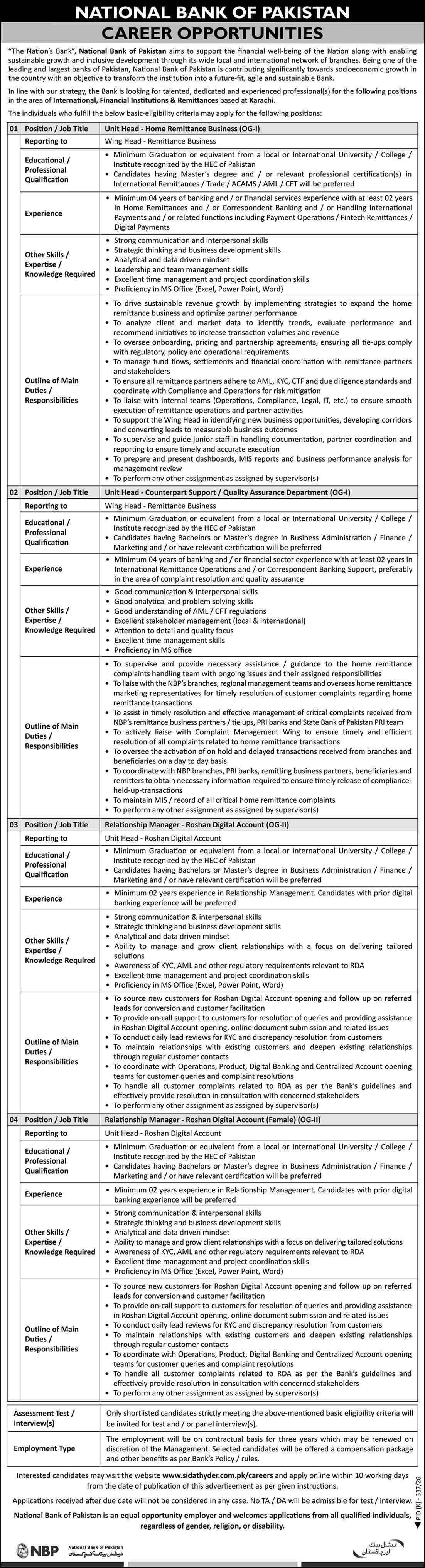 National Bank of Pakistan (NBP) Jobs August 2026: Apply Online for Unit Head & Relationship Managers advertisement