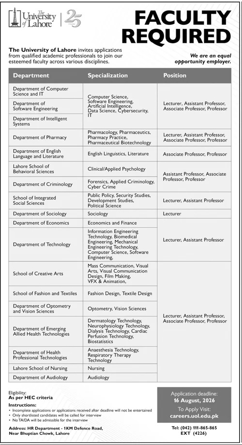 The University of Lahore (UOL) Jobs 2026: Apply Online for Teaching Faculty advertisement