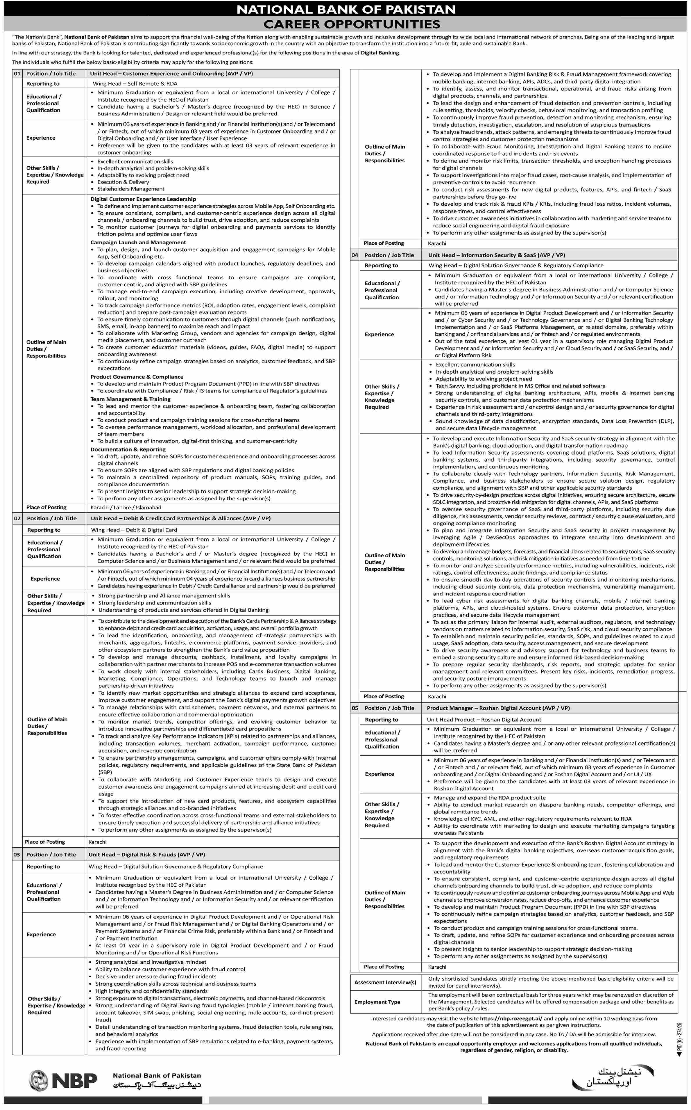 National Bank of Pakistan (NBP) Jobs 2026: Apply Online for Unit Heads & Product Managers advertisement