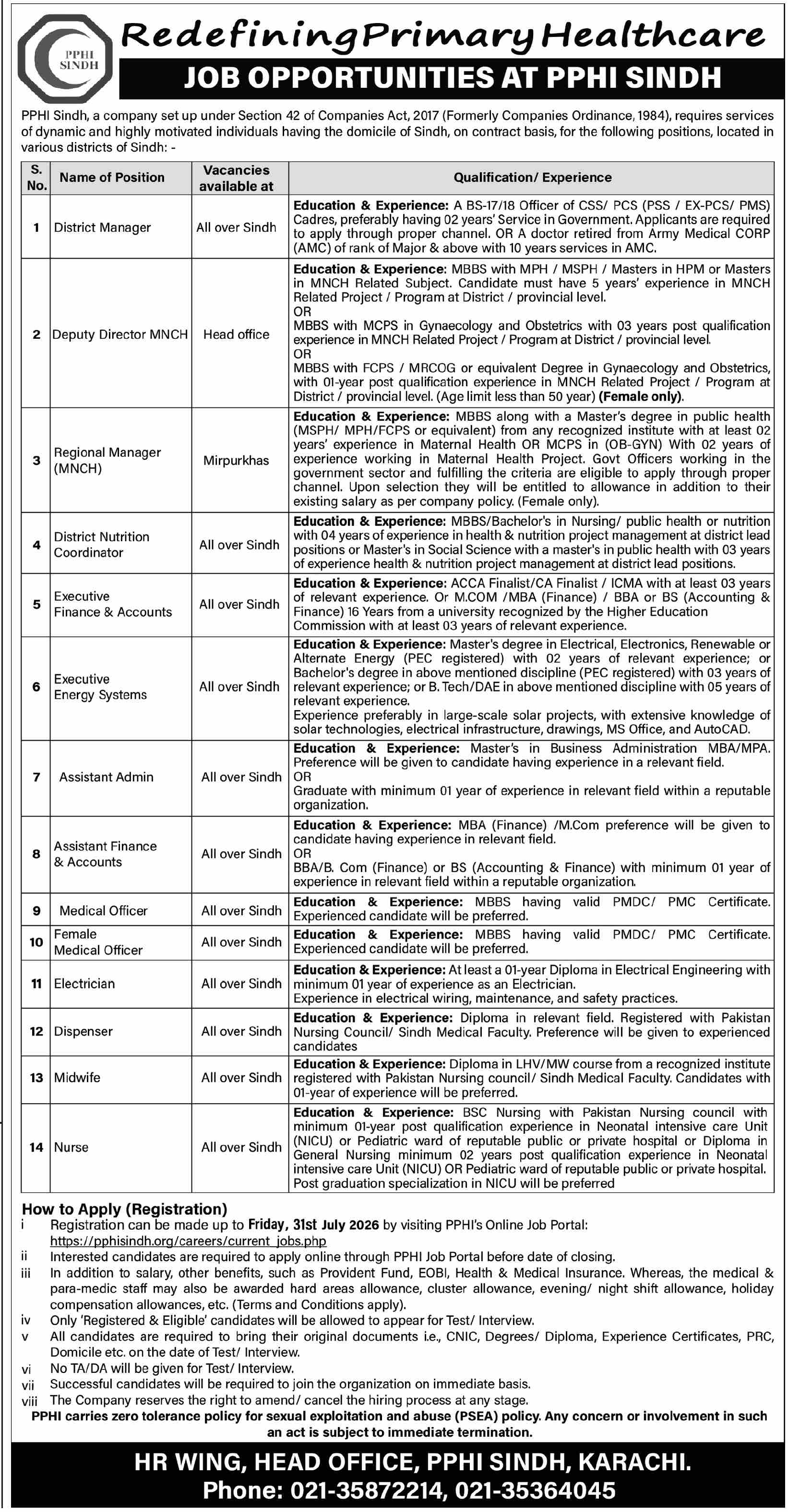PPHI Sindh Jobs 2026: Apply Online for District Managers, Medical Officers, Nurses, Midwives & Administrative Vacancies advertisement